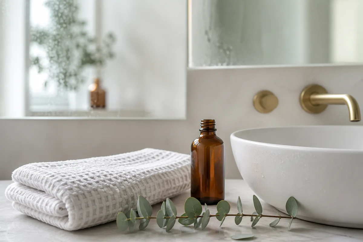 Serviette blanche et eau claire après le rinçage d&rsquo;un masque, lumière naturelle douce