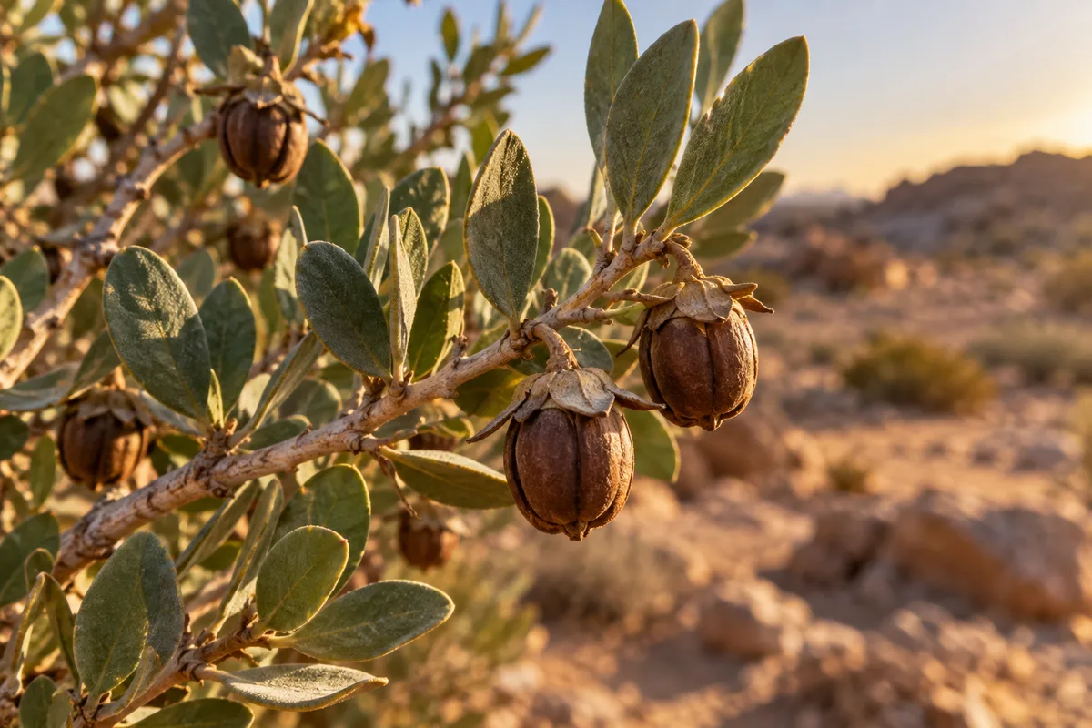 Rameau de jojoba aux feuilles gris-vert portant des capsules brunes sous le soleil du désert