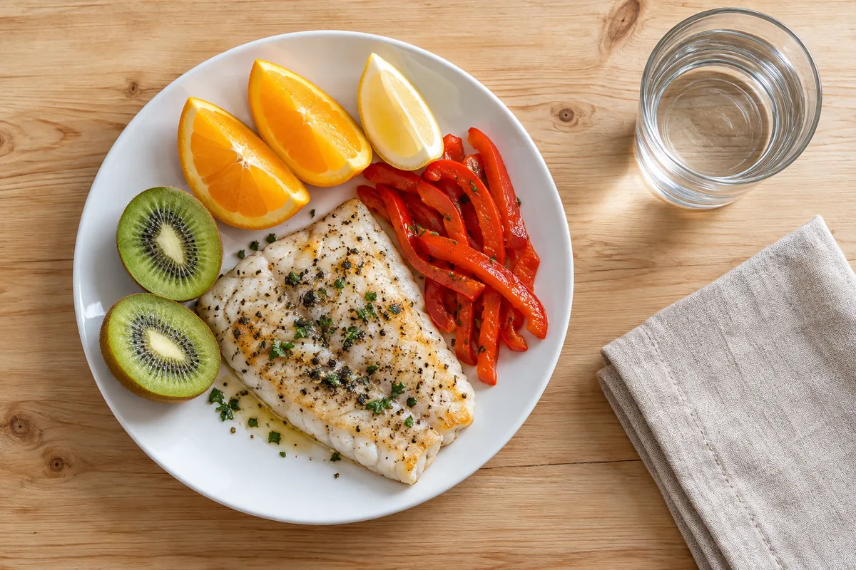 Assiette de poisson, agrumes, poivron rouge et kiwi coupés à côté d’un verre d’eau, vue du dessus